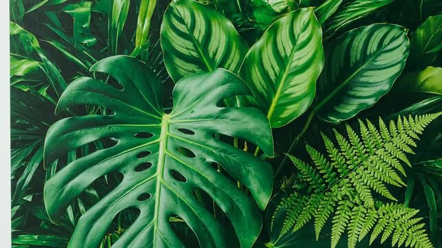Lush green tropical foliage with fern and monstera leaf arrangement