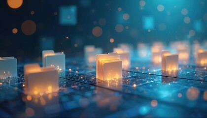 Fototapeta na wymiar Digital folders arranged on a glowing circuit board represent organized electronic data. Files are structured for quick search and efficient retrieval in a modern database system.