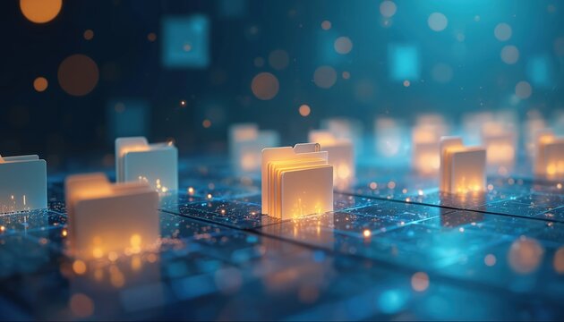 Digital folders arranged on a glowing circuit board represent organized electronic data. Files are structured for quick search and efficient retrieval in a modern database system.
