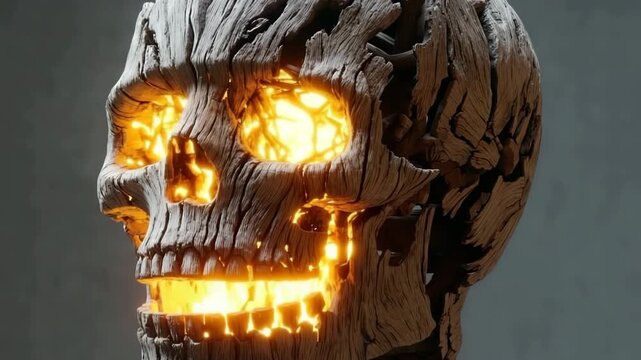 Wooden skull with glowing cracks revealing sunlight in creative display