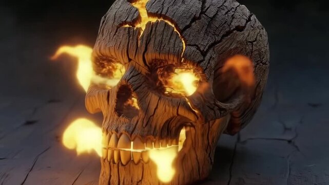 Wooden skull with glowing cracks revealing sunlight in creative display