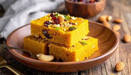 Stacked golden squares of sweet treat on a wooden plate, garnished with nuts and dried fruit. A spoon rests by it