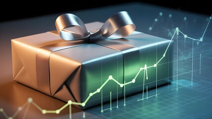 Shiny gift box with ribbon and rising graph lines on dark background business success concept