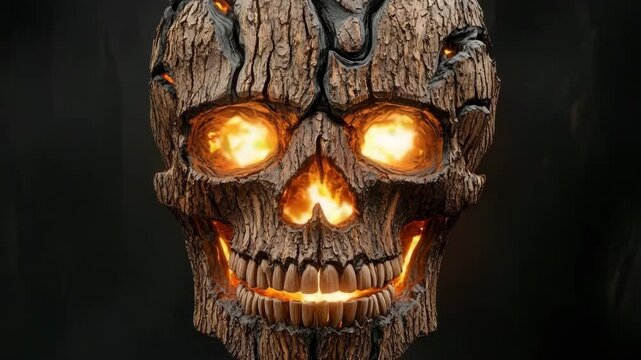 Wooden skull with glowing cracks revealing sunlight in creative display