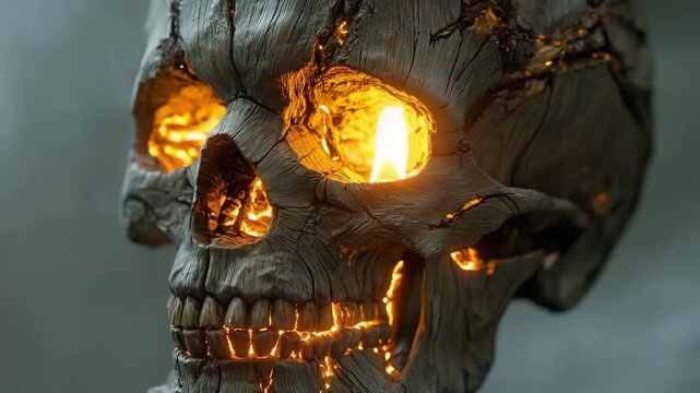 Wooden skull with glowing cracks revealing sunlight in creative display