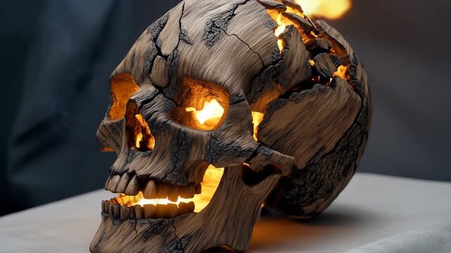 Wooden skull with glowing cracks revealing sunlight in creative display