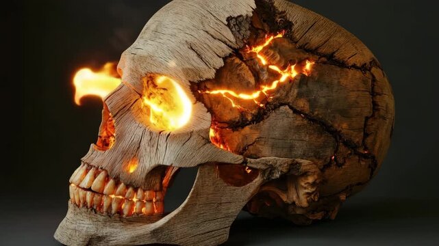 Wooden skull with glowing cracks revealing sunlight in creative display