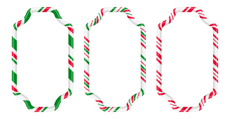Set of Three Festive Christmas Candy Cane Frames with Red and Green Stripes. Vector striped border candy lollipop pattern