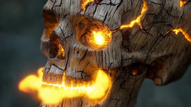 Wooden skull with glowing cracks revealing sunlight in creative display