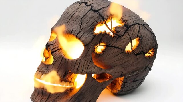 Wooden skull with glowing cracks revealing sunlight in creative display