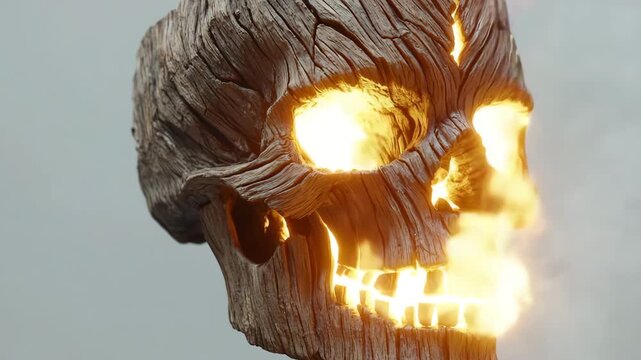 Wooden skull with glowing cracks revealing sunlight in creative display