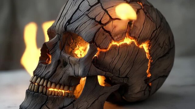 Wooden skull with glowing cracks revealing sunlight in creative display