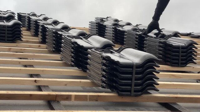 Roof Installation Safety, Weather Conditions Impact Roofing Project Execution, Expert Roofer Carefully Arranges Roofing Materials While Considering Environmental Challenges And Safety Measures