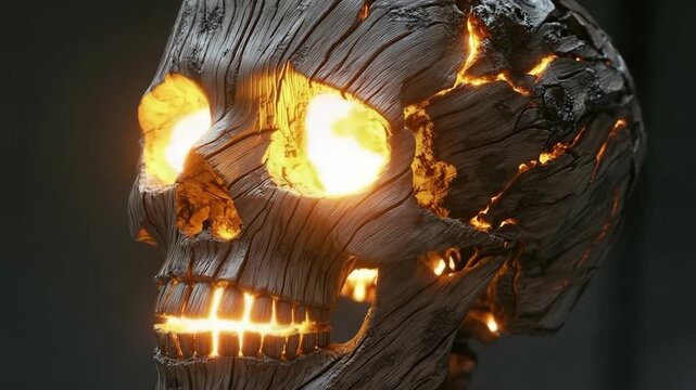 Wooden skull with glowing cracks revealing sunlight in creative display