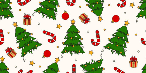 Playful Christmas vetor Wrapping Paper isolated white. Christmas seamless pattern with Christmas tree candy cane and gifts. Perfect holiday Wrap wall decor wallpaper pajamas print. Editable stroke 