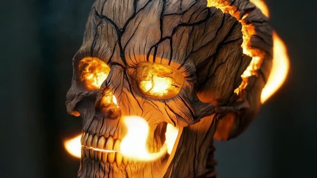 Wooden skull with glowing cracks revealing sunlight in creative display
