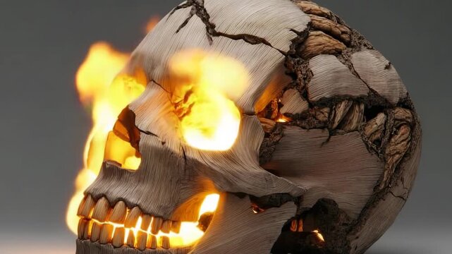Wooden skull with glowing cracks revealing sunlight in creative display