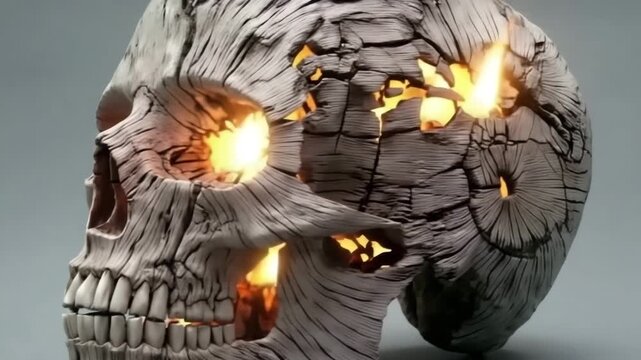 Wooden skull with glowing cracks revealing sunlight in creative display