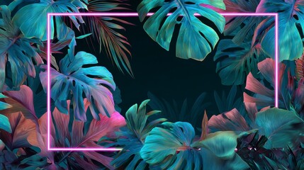 Vivid tropical foliage encircles a dark space with a glowing neon frame, creating a striking visual contrast. The vibrant leaves pop against the backdrop