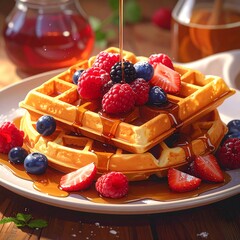 Stacked golden waffles topped with berries. Syrup is drizzled over the breakfast treat on a white plate