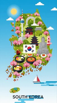 South Korea Travel Map With Landmarks Food And Culture Illustration
