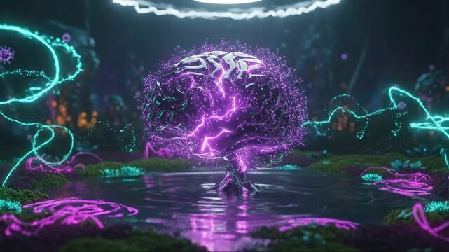 Luminous Brain Tree Pulsating with Purple Energy in Surreal Digital Landscape