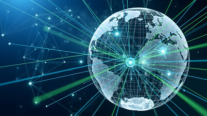 An illustration of a world map surrounded by network connections representing global communication and data flow