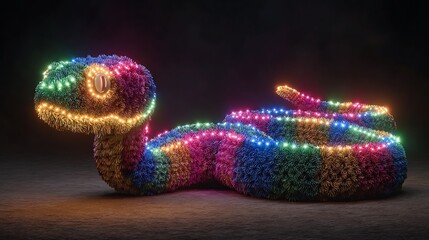 Fluffy Rainbow Snake Covered in Colorful Christmas Lights reptile animal Photo