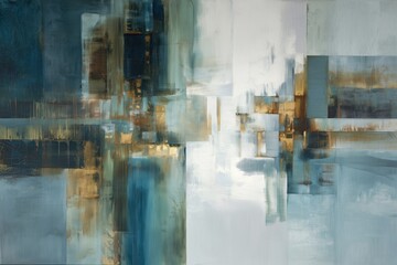 Abstract painting with blue and gold brushstrokes, creating a dynamic and modern composition.