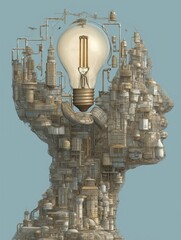 Sculpture of a human head with a lightbulb, symbolizing creativity and innovation.
