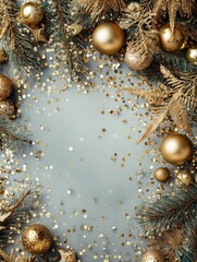 Christmas wreath with gold ornaments on a textured background, creating a holiday atmosphere.