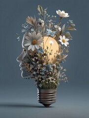 Illuminated light bulb with blooming flowers, symbolizing creativity and innovation.