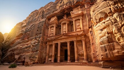 The ancient Treasury building in Petra, Jordan, carved into the sandstone cliffs at sunrise