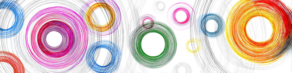 Multicolor doodle rings orbiting tidy minimal shapes