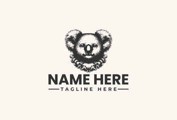 Black and white illustration of a koala's head with glasses and text placeholder for a logo or icon on a plain background.