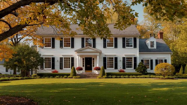 Classic colonial house white exterior black shutters fall foliage orange yellow leaves green lawn autumn front view