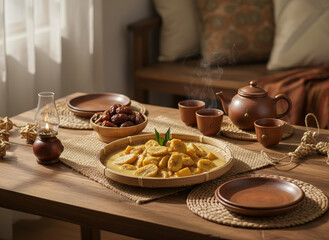 Traditional Indonesian Iftar Meal with Dates, Tea, and Sweet Banana Dessert on Wooden Table