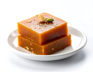 Stacked, golden-hued, square-shaped confectionery sits on a white plate, garnished with nuts and spices. High-angle, studio-style shot