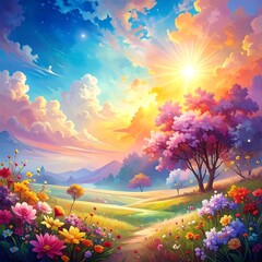 Fototapeta premium Vibrant artwork of a field filled with blooming flowers, trees, and bright sun against a colorful sky