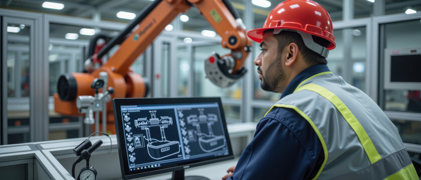 Worker in safety helmet observes robotic arm while analyzing technical drawings on computer screen in modern industrial setting - Powered by Adobe