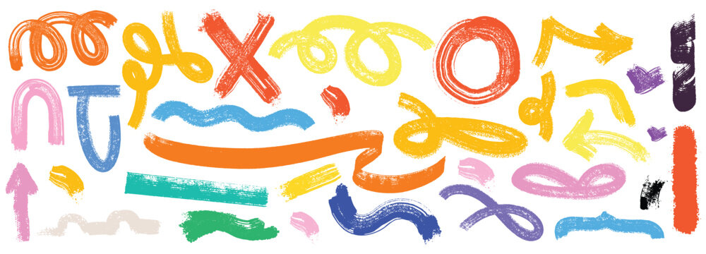 Collection Of colorful bold curved lines with loops isolate. Hand drawn bold grunge wavy and swirled brush strokes. Simple childish vector scribbles. Creative design. Vector illustration.