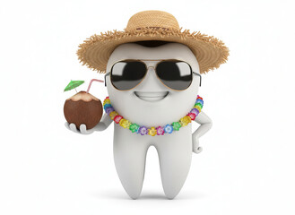 Cute 3D Tooth Mascot Wearing Sunglasses and Straw Hat Holding Coconut Drink
