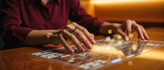 Person interacts with futuristic touchscreen interface displaying data visualizations and graphs, showcasing technology and innovation