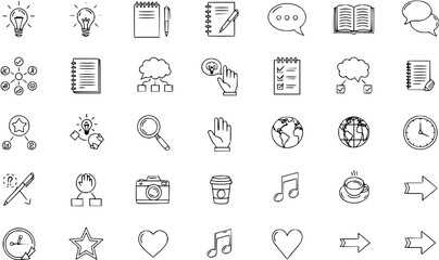 Hand-drawn vector icons: lightbulbs, notebooks, clouds, globes, cameras, hearts, music notes, and more