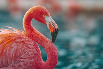 Flamingo in water: A close-up view of a vibrant pink flamingo gracefully poses against a soft water backdrop. capturing its elegance and unique beauty.