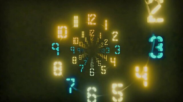 Surreal Time Tunnel with Floating Neon Clock Numbers