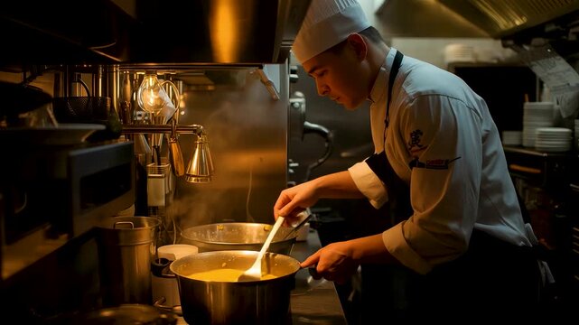 Professional chef stirring large pot steam rising busy restaurant kitchen hot cooking environment culinary action