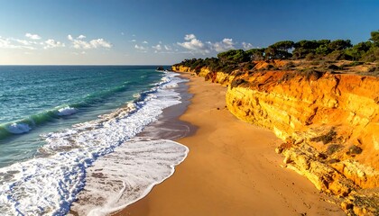 Vivid coastal view of sandy beach meeting turquoise waves and vibrant orange cliffs under a clear sky