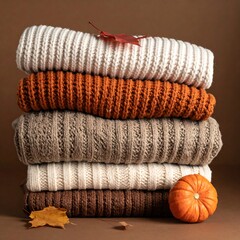 Stacked knitwear in autumn shades with a pumpkin and fallen leaves on a brown surface. A seasonal cozy display