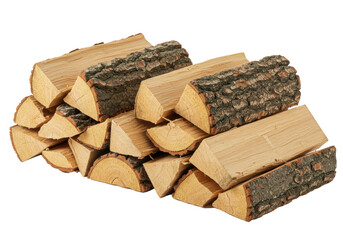 Three neatly stacked piles of split oak firewood with rough, textured bark and smooth inner grain, shot in a high-key macro close-up against a transparent background. Concept of organization and